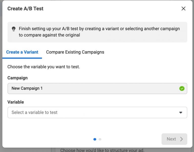 Screenshot of Create A/B Test box in Facebook Ads Manager