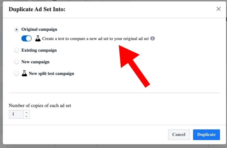 When duplicating an ad or ad set, you can create an A/B test to compare it with the original one